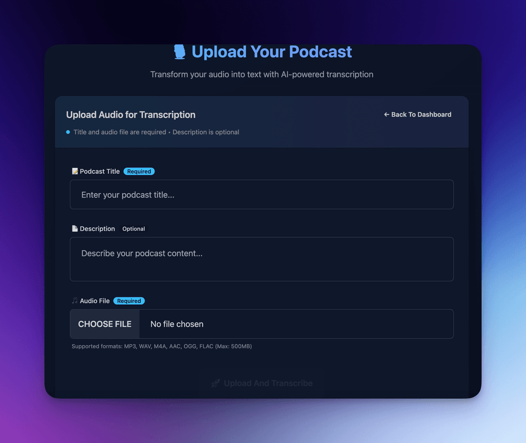 Upload podcast interface showing the simple and intuitive design